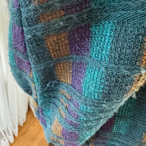 Vintage 80s blazer, purple, teal knit, leather lapels, waist band & cuffs, 10/12 - Picture 8 of 14